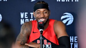 Toronto Raptors forward Kawhi Leonard speaks at the Raptors media day in Toronto on Monday, Sept. 28, 2026. (Jon Blacker/CP)