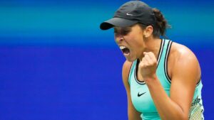 Madison Keys, of the United States, reacts during a match against Alina Korneeva, of Russia, during the first round of the U.S. Open tennis championships, Tuesday, Sept. 1, 2026, in New York. (AP Photo/Yuki Iwamura)