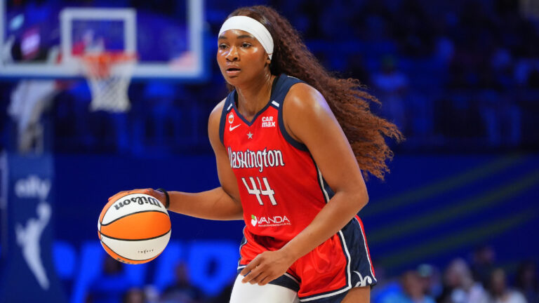 Washington Mystics forward Kiki Iriafen dribbles during the first half of a WNBA basketball game against the Dallas Wings in Arlington, Texas, Monday, May 18, 2026. (LM Otero/AP)