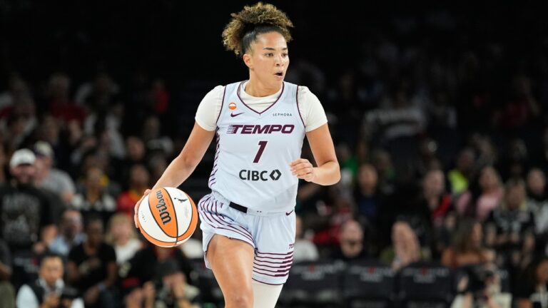 Toronto Tempo guard Kiki Rice (1) plays against the Las Vegas Aces during a WNBA basketball game Friday, Aug. 28, 2026, in Las Vegas. (AP Photo/John Locher)