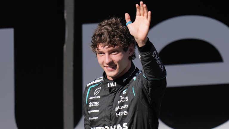 Mercedes driver Andrea Kimi Antonelli of Italy celebrates after winning the Spanish Formula One Grand Prix race in Madrid, Sunday, Sept. 13, 2026. (AP Photo/Bernat Armangue)