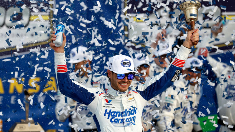Kyle Larson celebrates in Victory Lane after winning a NASCAR Cup Series auto race in Kansas City, Kan., Sunday, Sept. 27, 2026. (Colin E. Braley/AP)