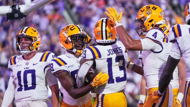 LSU running back Dilin Jones (13) celebrates hist touchdown in the first half of an NCAA college football game against Clemson, Saturday, Sept. 5, 2026 in Baton Rouge, La. (Gerald Herbert/AP)