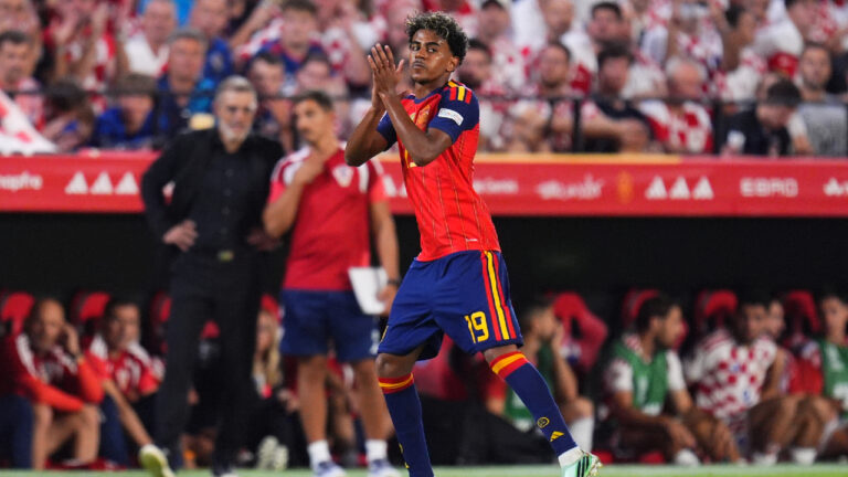 Spain's Lamine Yamal celebrates after scoring his side's third goal during the Nations League soccer match between Spain and Croatia in Seville, Spain, Tuesday, Sept. 29, 2026. (Manu Fernandez/AP)