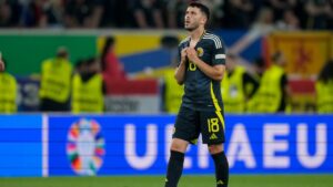 Scotland's Lewis Morgan walks on the pitch at the end of a Group A match between Scotland and Hungary at the Euro 2024 soccer tournament in Stuttgart, Germany, Sunday, June 23, 2024. (AP Photo/Matthias Schrader)