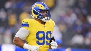 Los Angeles Rams defensive end Aaron Donald (99) warms up before an NFL football game against the New York Giants in Inglewood, Calif., Monday, Sept. 21, 2026. (Katie Chin/AP)