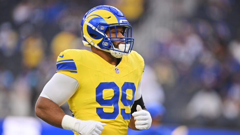 Los Angeles Rams defensive end Aaron Donald (99) warms up before an NFL football game against the New York Giants in Inglewood, Calif., Monday, Sept. 21, 2026. (Katie Chin/AP)