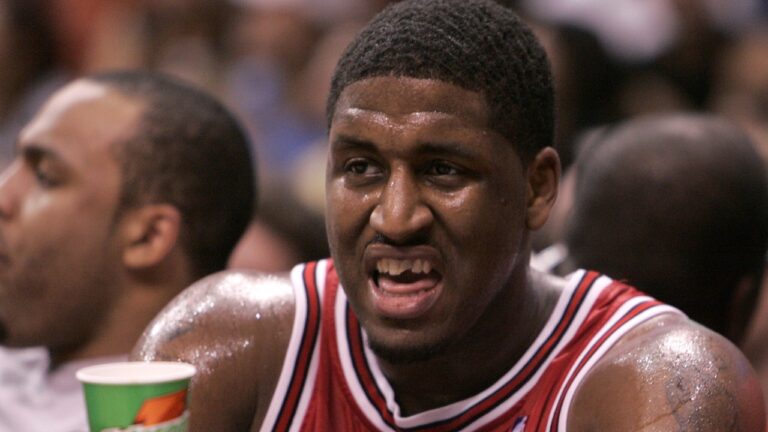 Chicago Bulls' Michael Sweetney sits on the bench after injuring his mouth during the second half of a NBA basketball game against the Los Angeles Clippers in Los Angeles, Sunday, Feb. 12 , 2006. The Bulls won 97-91. (AP Photo/Matt Sayles)