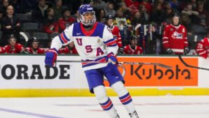 Defenceman Maceo Phillips of Team USA during the CHL USA Prospects Challenge at Canada Life Place on November 26, 2024 in London, Ont. (Dennis Pajot/Getty Images)
