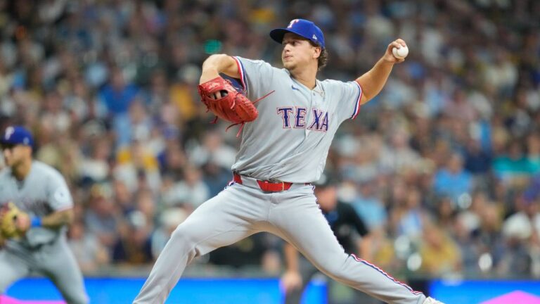 Texas Rangers pitcher Adam Macko throws during the eighth inning of a baseball game against the Milwaukee Brewers Friday, Aug. 28, 2026, in Milwaukee. (Kayla Wolf/AP)