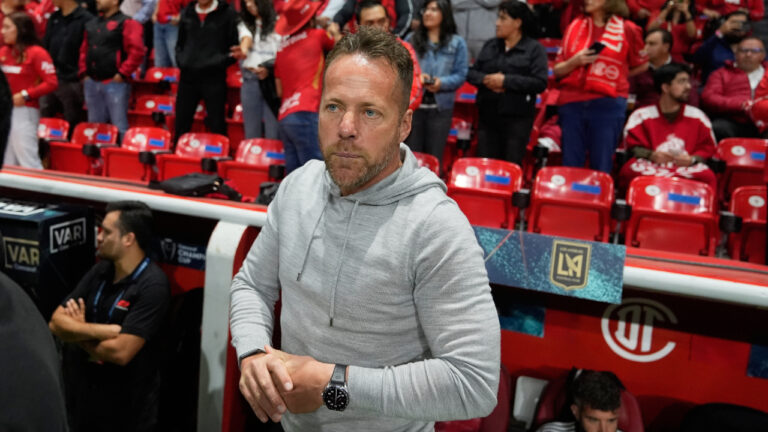 Marc Dos Santos, coach of Los Angeles FC stands on the bench prior to a Concacaf Champions Cup second-leg semifinal soccer match against Mexico's Toluca in Toluca, Mexico, on May 6, 2026. (Fernando Llano/AP)