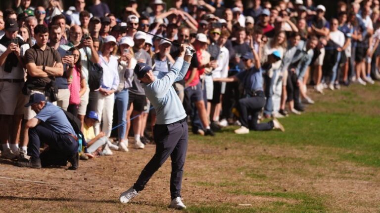 Matt Fitzpatrick of England on the 11th fairway on day four of the PGA Championship at Wentworth Golf Club in Virginia Water, England, Sunday Sept. 20, 2026. (Adam Davy/PA via AP)