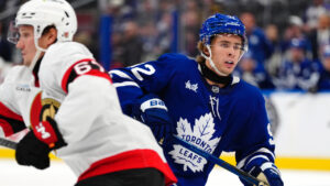 Toronto Maple Leafs' Gavin McKenna (92) skates against the Ottawa Senators during second-period NHL hockey pre-season action in Toronto on Wednesday, Sept. 23, 2026. (Frank Gunn/CP)