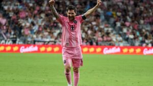 Inter Miami forward Lionel Messi celebrates after scoring on a free kick during the first half of an MLS soccer game against San Diego FC, Sunday, Sept. 20, 2026, in Miami. (AP Photo/David Santiago)