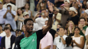 Gael Monfils, of France, acknowledges fans after losing to Learner Tien, of the United States, during the second round of the U.S. Open tennis championships, Thursday, Sept. 3, 2026, in New York. (Adam Hunger/AP)