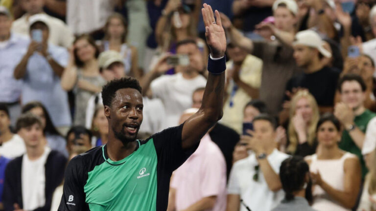 Gael Monfils, of France, acknowledges fans after losing to Learner Tien, of the United States, during the second round of the U.S. Open tennis championships, Thursday, Sept. 3, 2026, in New York. (Adam Hunger/AP)