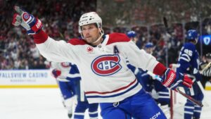 Montreal Canadiens' Josh Anderson (17) celebrates his goal against the Toronto Maple Leafs during first period NHL hockey action in Toronto on Tuesday, Sept. 29, 2026. (Nathan Denette/CP)