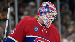 Montreal Canadiens goaltender Samuel Montembeault (35) skates away from the net during a break in the action against the Boston Bruins during the first period an NHL hockey game in Boston, Saturday, Jan. 24, 2026. (Robert F. Bukaty/AP)
