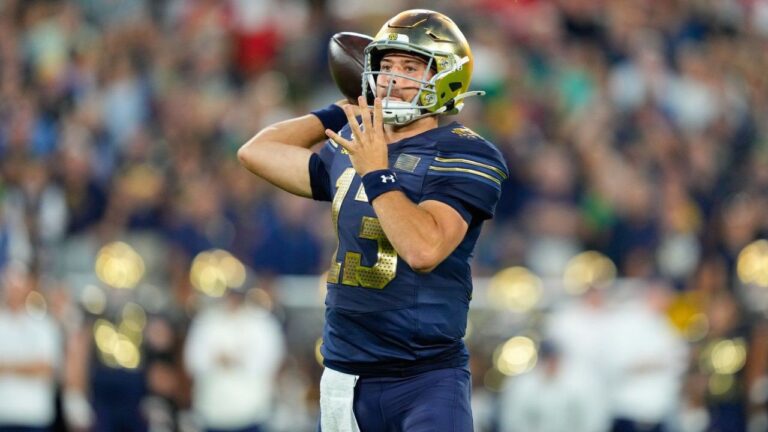 Notre Dame quarterback CJ Carr throws during the first half of an NCAA college football game against Wisconsin Sunday, Sept. 6, 2026, in Green Bay, Wis. (Kayla Wolf/AP)