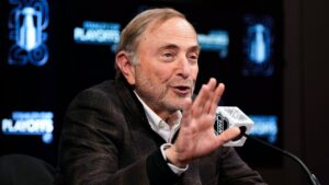 NHL Commissioner Gary Bettman speaks before an NHL playoff hockey game between the Ottawa Senators and the Carolina Hurricanes in Ottawa, on Thursday, April 23, 2026. (Justin Tang/CP)