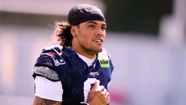 New England Patriots cornerback Christian Gonzalez runs across a practice field during the team's NFL football training camp, Friday, July 31, 2026, in Foxborough, Mass. (Charles Krupa/AP)