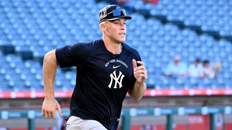 New York Yankees Aaron Judge works out before a game against the Los Angeles Angels Wednesday, Sept. 2, 2026, in Anaheim, Calif. (Wally Skalij/AP)