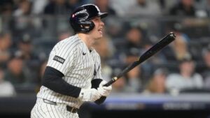 New York Yankees' Ben Rice watches his ballo after hitting a solo home run off Boston Red Sox pitcher Erik Miller during the fifth inning in Game 1 of baseball's American League Wild Card Series, Tuesday, Sept. 29, 2026, in New York. (Yuki Iwamura/AP)