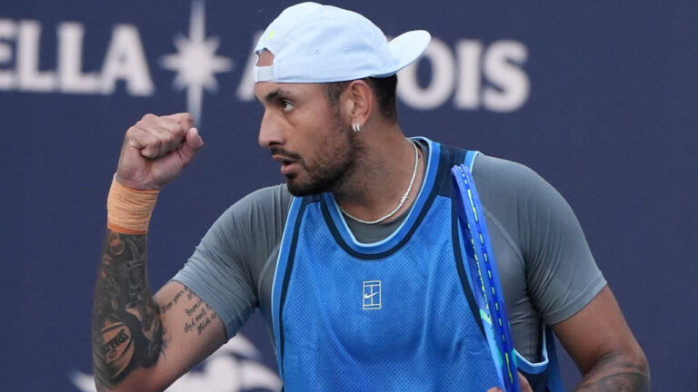 Nick Kyrgios, of Australia, reacts during his match against Mackenzie McDonald at the Miami Open tennis tournament, Wednesday, March 19, 2025, in Miami Gardens, Fla. (Lynne Sladky/AP)
