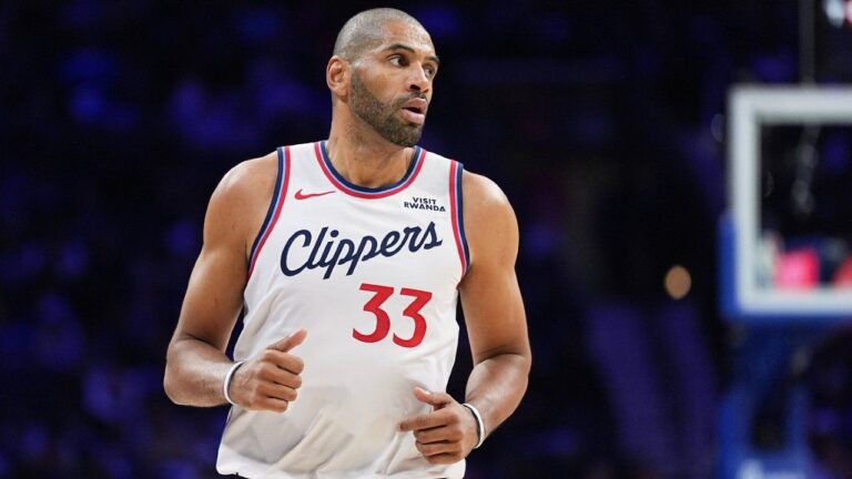 Los Angeles Clippers' Nicolas Batum looks on during an NBA basketball game, Nov. 17, 2025, in Philadelphia. (AP Photo/Matt Rourke, File)