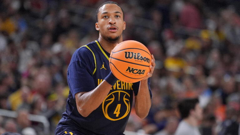 Michigan's Nimari Burnett (4) shoots during practice ahead of an NCAA college basketball tournament semifinal game against Arizona at the Final Four, Friday, April 3, 2026, in Indianapolis. (Michael Conroy/AP)