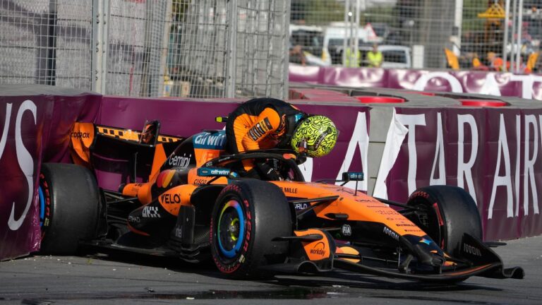 McLaren driver Lando Norris of Britain gets out of his car after a crash during the Azerbaijan F1 Grand Prix auto race, in Baku, Azerbaijan, Saturday, Sept. 26, 2026. (AP/Darko Bandic)