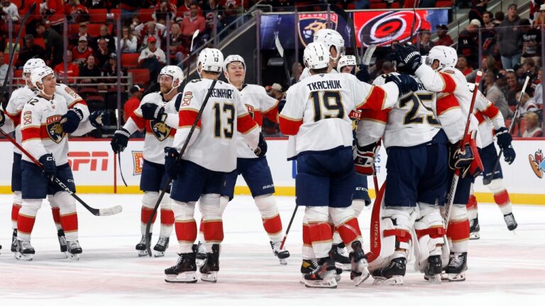 Florida Panthers celebrate their 2-1 win over the Carolina Hurricanes following an NHL hockey game in Raleigh, N.C., Tuesday, Sept. 29, 2026. (Karl DeBlaker/AP)