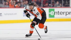 Philadelphia Flyers' Trevor Zegras in action during an NHL hockey game, Thursday, April 2, 2026, in Philadelphia. (Matt Rourke/AP)