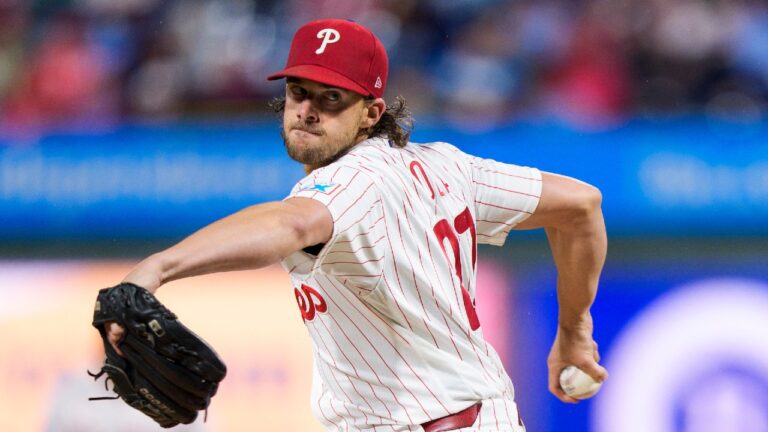 Philadelphia Phillies starting pitcher Aaron Nola delivers during the first inning of a baseball game against the Tampa Bay Rays, Saturday, Sept. 26, 2026, in Philadelphia. (Chris Szagola/AP)
