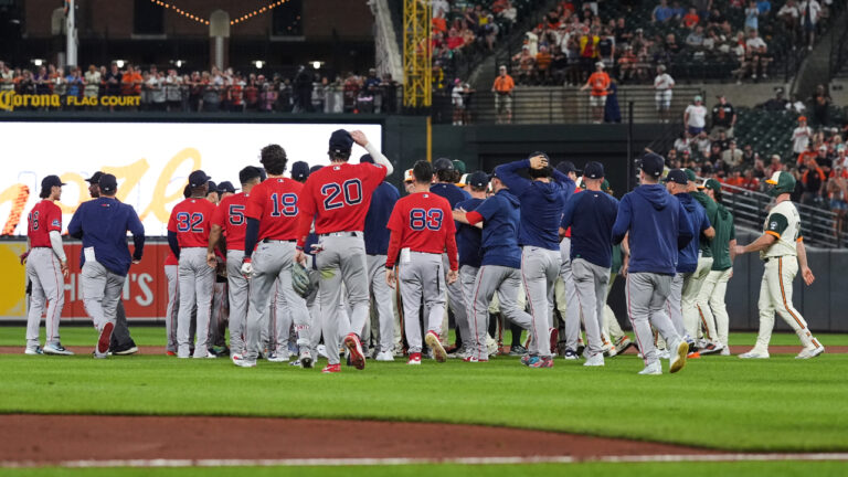 The benches clear during the eighth inning of a baseball game between the Baltimore Orioles and the Boston Red Sox, Friday, Sept. 4, 2026, in Baltimore. (Stephanie Scarbrough/AP)