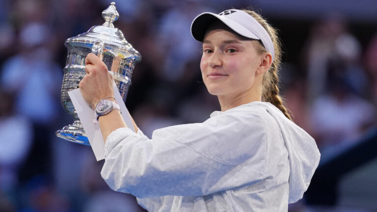 Elena Rybakina, of Kazakhstan, holds the trophy after she won the women's singles final of the US Open tennis championships against Aryna Sabalenka, of Belarus, Saturday, Sept. 12, 2026, in New York. (Kirsty Wigglesworth/AP)