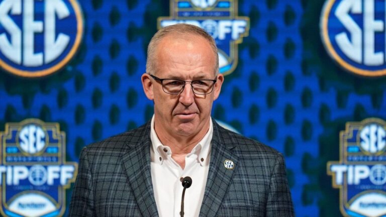 Greg Sankey, commissioner of the Southeastern Conference, speaks during NCAA college basketball women's SEC Media Day, Oct. 16, 2024, in Birmingham, Ala. (Mike Stewart/AP)