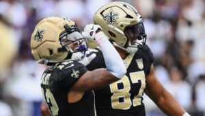 New Orleans Saints wide receiver Chris Olave celebrates his touchdown reception in the second half of an NFL game against the Baltimore Ravens in Baltimore, Sunday, Sept. 20, 2026. (AP/Nick Wass)