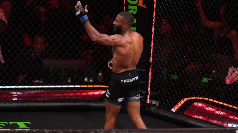 Salahdine Parnasse, of France, celebrates after defeating Kenneth Cross, of the United States, in their lightweight mixed martial arts fight Saturday, May 16, 2026, in Inglewood, Calif. (Jae C. Hong/AP)