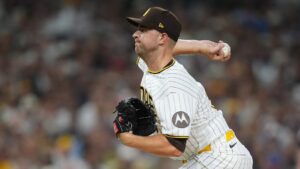 San Diego Padres pitcher Michael King (34) throws in the first inning of Game 1 of the National League Wild Card baseball playoff series against the Chicago Cubs Tuesday, Sept. 29, 2026, in San Diego. (Gregory Bull/AP)