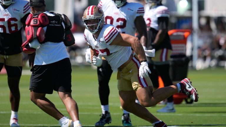 San Francisco 49ers defensive end Nick Bosa runs a drill during the NFL football team's training camp Friday, July 31, 2026, in Santa Clara, Calif. (Jeff Chiu/AP)