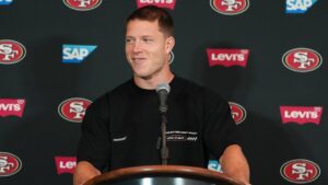 San Francisco 49ers running back Christian McCaffrey speaks to the media ahead of a practice Monday, Sept. 7, 2026, in Melbourne, Australia, in preparation for an NFL football game against the Los Angeles, Rams. (Asanka Brendon Ratnayake/AP)