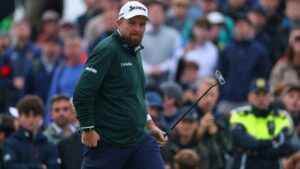 Shane Lowry of Ireland reacts during the Irish Open at Trump International Golf Links in Doonbeg, Ireland, Saturday, Sept. 12, 2026.(AP Photo/Peter Morrison)