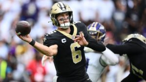 New Orleans Saints quarterback Tyler Shough passes in the second half of an NFL game against the Baltimore Ravens in Baltimore, Sunday, Sept. 20, 2026. (AP/Nick Wass)
