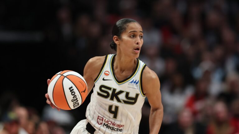 Chicago Sky guard Skylar Diggins (4) plays during a WNBA basketball game against the Portland Fire in Portland, Ore., Saturday, May 9, 2026. (Amanda Loman/AP)