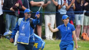Carlota Ciganda of Europe reacts as she walks onto the 16th green during the final day of the Solheim Cup in Den Bosch, Netherlands, Sunday, Sept. 13, 2026. (AP/Alastair Grant)