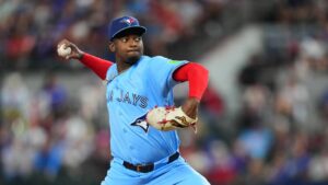 Toronto Blue Jays starting pitcher JosÈ Soriano throws to the Texas Rangers during the first inning of a baseball game Saturday, Sept. 19, 2026, in Arlington, Texas. (Julio Cortez/AP)