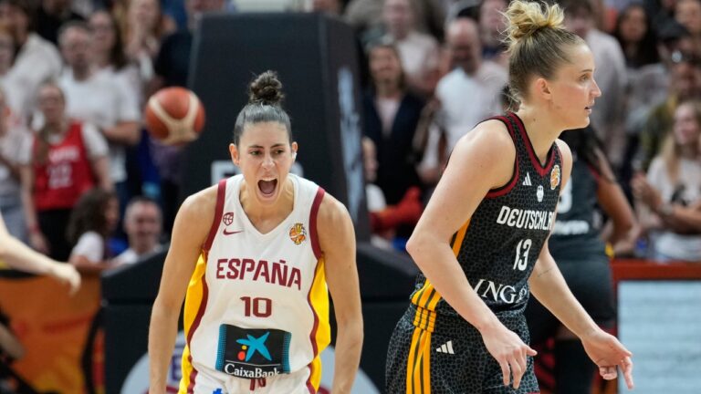 Spain's Maite Cazorla and Iyana Martín hug during the Women's Basketball World Cup the third-place match between the Germany and Spain in Berlin, Sunday, Sept. 13, 2026. (AP Photo/Ebrahim Noroozi)