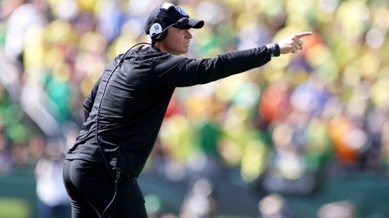 Boise State head coach Spencer Danielson celebrates a play during the second half of an NCAA college football game against Oregon, Saturday, Sept. 5, 2026, in Eugene, Ore. (AP Photo/Lydia Ely)