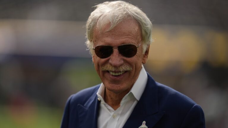 Los Angeles Rams owner Stan Kroenke wears a Salute to Service pin before of an NFL football game against the New Orleans Saints Sunday, Nov. 2, 2025, in Inglewood, Calif. (AP Photo/Gregory Bull)
